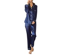 ORANDESIGNE Primavera Autunno Set Pigiama a Maniche Lunghe in Raso delle Donne Pigiameria Elegante Scollo a V Pigiama con Bottoni Sleepwear per Tutte Le Stagioni A Blu IT 40