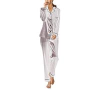 ORANDESIGNE Primavera Autunno Set Pigiama a Maniche Lunghe in Raso delle Donne Pigiameria Elegante Scollo a V Pigiama con Bottoni Sleepwear per Tutte Le Stagioni A Argento IT 40
