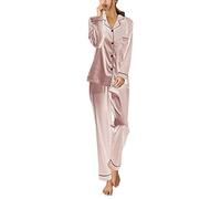 ORANDESIGNE Primavera Autunno Set Pigiama a Maniche Lunghe in Raso delle Donne Pigiameria Elegante Scollo a V Pigiama con Bottoni Sleepwear per Tutte Le Stagioni A Rosa IT 38