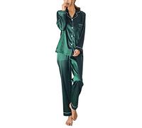 ORANDESIGNE Primavera Autunno Set Pigiama a Maniche Lunghe in Raso delle Donne Pigiameria Elegante Scollo a V Pigiama con Bottoni Sleepwear per Tutte Le Stagioni A Verde IT 40
