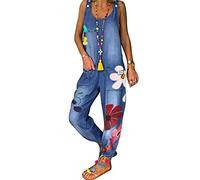 ORANDESIGNE Salopette Boho Senza Maniche Tuta Bretelle a Fiori Retrò in Denim Gambe Larghe