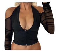 ORANDESIGNE T-Shirt Donna a Maniche Lunghe T2K Crop Top Irregolari Patchwork Collo Rotondo Halter Camis con Mezze Maniche Fuori Spalla Maglietta Harajuku E-Girl Streetwear R Nero M