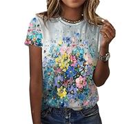 ORANDESIGNE T Shirt Maglietta Manica Corta Girocollo Donna Estiva Elegante Camicia T-Shirt da Donna Divertenti Fiore Uccello Stampata Maglietta Estiva Donna Moda Top Q Azzurro XS