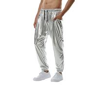 ORANDESIGNE Uomo Metallizzato Lucido Pantaloni da Jogging Disco Party Pantaloni Elastici Hip Hop Pantaloni Wetlook Club Festa Festival Prom Streetwear D Argento L