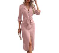 ORANDESIGNE Vestito Camicia Donna Elegante Lungo con Bottoni Davanti Slim Fit Manica Lunga Camicetta Blusa Dderente Abito Cerimonia Curvy Midi Cocktail Vestitino al Ginocchio Rosa L
