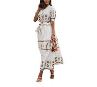 ORANDESIGNE Vestito di Lino Donna Abito a Camicia Collare Henry Manica Corta Stampa di Piume Vestito alla Caviglia Vestiti Casual Vestito Lungo Vita Alta con Cintura N Albicocca XS