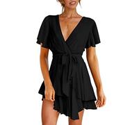 ORANDESIGNE Vestito Donna Elegante Cerimonia Corto Curvy Abito Estivo Scollo V Manica Corta Volant Vita Abiti Linea Ad A Vestitino Sera Cocktail Dress c Nero XXL
