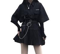 ORANDESIGNE Vestito Punk Abito Donna Ragazza Nero Gotico personalità Shirt Lunga Manica Corta Camicia Manica Lunga Gonna Corta a Pieghe Abito 2 Pezzi Primavera Autunno C Set XS