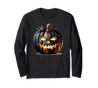 Orange And Black Halloween Jack O Lantern Pumpkin Face Maglia a Manica