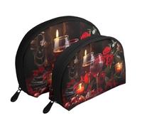 Orange Cats Portable Shell Cosmetic Bag Set - Organizer da viaggio per trucchi con cerniera e scomparti interni, Rosa Rossa e Vino Amanti Romantici, Taglia unica