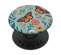 Orange Monarch Butterfly Flowers Teal Blue Butterfly Floral PopSockets PopGrip Adesivo