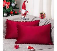 ORANIFUL Federe Cuscini 2 Pezzi Divano Quadrati Morbido di Velluto con Pompoms per Cuscini Decorativi Camera Sedia Soggiorno 30x50 cm Rosso