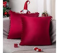 ORANIFUL Federe Cuscini 2 Pezzi Divano Quadrati Morbido di Velluto con Pompoms per Cuscini Decorativi Camera Sedia Soggiorno 50x50 cm Rosso