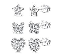 ORAZIO 3 Paia Di Orecchini A Perno Piccoli In Argento 925 Per Ragazze Bambini Farfalla Cuore Stella Cubo Zircone Cartilagine Set Di Orecchini A Perno Per Donne Bambini Ipoallergenici D