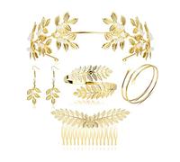 ORAZIO 5 Pezzi Dea Greca Costume Accessori Set per Donna Dea Greca Tiara Dorato Romano Foglia Alloro Fasce Capelli Bracciale Avambraccio Oro Greco Foglia Orecchini Pendenti Decorazioni