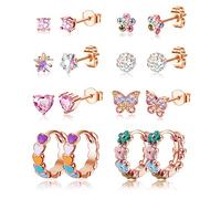 ORAZIO 8 Paia di Orecchini a Vite Ipoallergenici per Donne Ragazze 316L Acciaio Inossidabile Cuore CZ Orecchini a Cerchio Fiore Carino Farfalla Orecchini a Vite Set 20G