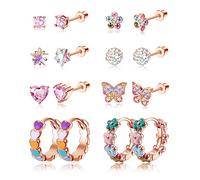 ORAZIO 8 Paia di Orecchini a Vite Ipoallergenici per Donne Ragazze 316L Acciaio Inossidabile Cuore CZ Orecchini a Cerchio Fiore Carino Farfalla Orecchini a Vite Set 20G