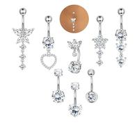 ORAZIO 8 PCS Pendente Piercing Ombelico Acciaio Chirurgico da Donna 10MM Anello Piercing Ombelico Argento Farfalla Cuore Zircone Piercing Ombelico da Donna
