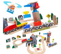 ORBRIUM Lift and Load Wooden Train Set with Magnetic Crane Magnetic Helicopter Large Diesel Engine Semi-Truck Shipping Container Flat Car Compatib