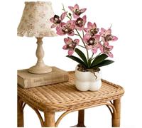 Orchidea artificiale Cymbidium rosa in vaso di ceramica bianca, 35 cm, pianta di fiori finti con ciottoli decorativi per soggiorno, camera da letto, ufficio, scrivania mensola (pois neri)