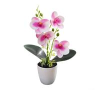 Orchidea artificiale in vaso per la decorazione della casa che enfatizza la forma naturale e le sottili variazioni di colore senza tonalità luminose (bianco con viola)