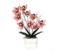 Orchidea artificiale realistica Cymbidium con 9 fiori rosa in vaso di ceramica bianca, alta 35 cm, pianta finta per soggiorno, camera da letto, bagno, ufficio (macchie rosse)
