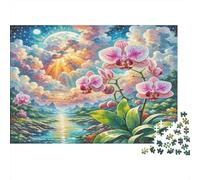 Orchidea Dendrobio Puzzle in carta Orchidee rosa con luna e tramonto sul fiume confezione puzzle regalo di Natale segreto stimolante mentale 52x38cm/1000 pezzi