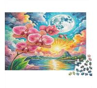 Orchidea Phalaenopsis Puzzle in cartone Orchidee rosa con luna e tramonto sul mare puzzle classico regalo per allenamento cerebrale per adulti 70x50cm/1000 pezzi