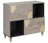 Ordellia Credenza Grigia e Oro in Legno Massello Mango 80x33x75 cm con Pomelli in Ottone, Porte Cerniere, Mensola e Portaoggetti per Soggiorno, Home Theatre, Storage Media