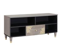 Ordellia Mobile basso per TV, grigio in legno massiccio di mango, 100 x 33 x 46 cm, con ripiano, cassetto e pulsanti in ottone, contenitore multimediale per soggiorno, home theater e gaming