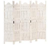 Ordellia Paravento intagliato a mano, bianco, in legno massiccio di mango, 5 pezzi, 200 x 165 cm, pieghevole, autoportante, opaco, come divisorio e protezione da sguardi indiscreti, per camera da