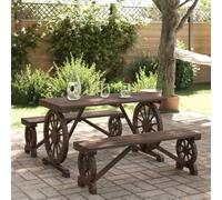 Ordellia Set da Pranzo da Giardino in Legno Massello di Abete 3 Pezzi per Esterno, Tavolo e Due Panche con Design a Ruota del Carro, Resistenti e Ideali per Relax