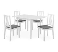 Ordellia Set da pranzo estensibile in MDF, 5 pezzi, bianco, 1 tavolo da pranzo da 80 a 120 x 80 cm più 4 sedie, per sala da pranzo, cucina, terrazza, sedute imbottite