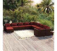 Ordellia Set di 11 mobili da giardino in polyrattan marrone, con cuscini rosso cannella, mobili da esterno per terrazza