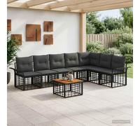 Ordellia Set di divani da esterno nove pezzi in poliestere nero e grigio scuro con tavolo in legno di acacia resistente al sole e pioggia ideale per giardino, terrazza, balcone, patio e veranda