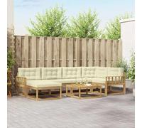 Ordellia Set di divani modulari da esterno 7 pezzi in legno di acacia bianco e crema per giardini e patio con tavolo, pouf e sedute confortevoli per relax e incontri all'aperto