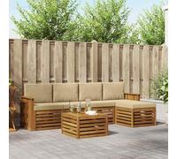 Ordellia Set di mobili da esterno in legno massello di acacia con cuscini beige per giardino patio e terrazza completo di tavolo divani e poggiapiedi robusti resistenti all'acqua e alle intemperie