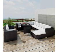 Ordellia Set Divani da Giardino 10 pz con Cuscini in Polyrattan Nero per Terrazza, Balcone e Patio, Arredo Lounge Resistente, Tavolo in Vetro Temperato, Comfort e Versatilità per Spazi Esterni