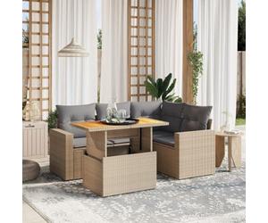 Ordellia Set divano da giardino 5 pezzi in polyrattan beige con cuscini resistenti al sole per relax e pranzo all'esterno ideale per terrazza patio balcone veranda e spazio lounge modulare con tavolo