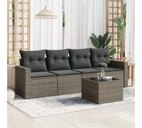Ordellia Set divano da giardino modulare 5 pezzi con cuscini grigi in polyrattan resistente al sole per terrazza e patio, arredo relax per famiglie e ospiti, con tavolino in vetro temperato