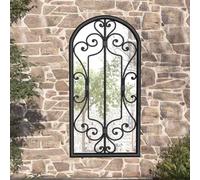 Ordellia Specchio da giardino nero, 70 x 30 cm, in ferro con vetro effetto ruggine, specchio da parete per esterni con foro preforato, riflessi di luce e accattivante