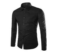 ORDOBO Camicia Maniche Lunghe da Uomo - Camicia A Maniche Lunghe con Risvolto vestibilità Attillata Tinta Unita Taglie Forti Autunno E Primavera in Morbido Cotone Leggero Sottile Nero M