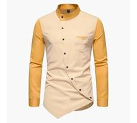 ORDOBO Camicia Maniche Lunghe da Uomo - Camicia con Colletto alla Coreana Tinta Unita Irregolare Patchwork vestibilità Attillata Monopetto Primavera Taglia Comoda Giallo L