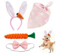 Orecchie di Coniglio per Cani Set 4 Pezzi Accessori pasquali per Animali con Fascia Regolabile Fiocco Bandana Rosa e Giocattolo Carota Taglia Piccola Media Grande per Foto Feste Cosplay