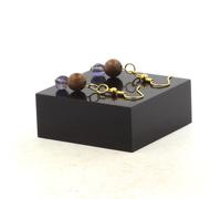 Orecchini 2 Perle Cordierite Iolite Madagascar + Legno 8 Fatto E