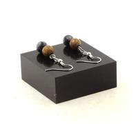 Orecchini 2 Perle Di Obsidiana Fiocco Di Neve + Legno 8 Mm In Acciaio