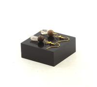 Orecchini 2 Perle Di Quarzo Rutilato Dorato + Legno 8 Mm In Acciaio Dorato