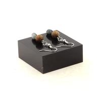 Orecchini 2 Perle Occhio Di Falco Dell'Africa Del Sud + Legno 8 Mm In Acciaio