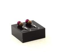 Orecchini 2 Perle Occhio di Tigre Fucsia + Legno 8 MM Acciaio Inossidabile