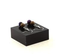 Orecchini 2 Perle Occhio di Tigre Viola + Legno 8 MM IN Acciaio Inossidabile